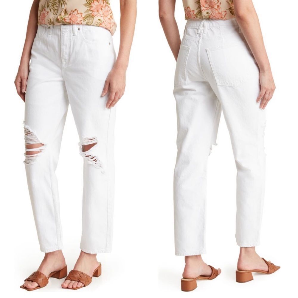 Good American Good 90s Ripped High Waist Straight Leg Jeans, White, Size 4‎ NWT
